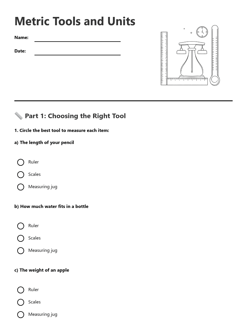 Metric Tools and Units worksheet preview