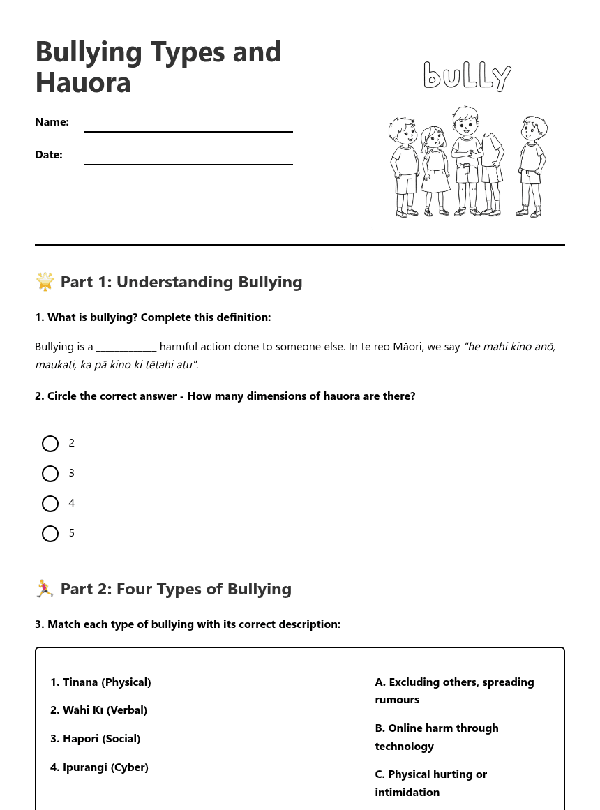 Bullying Types and Hauora worksheet preview
