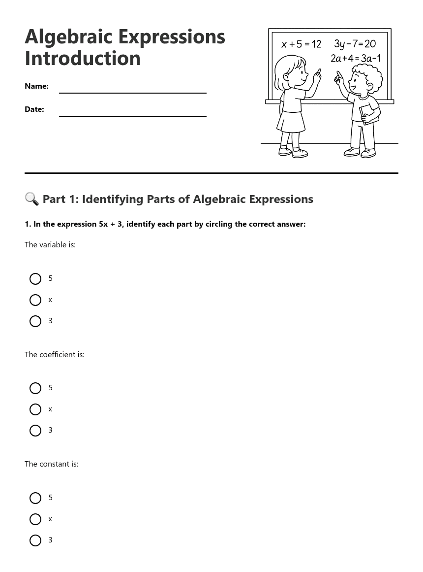 Algebraic Expressions Introduction worksheet preview