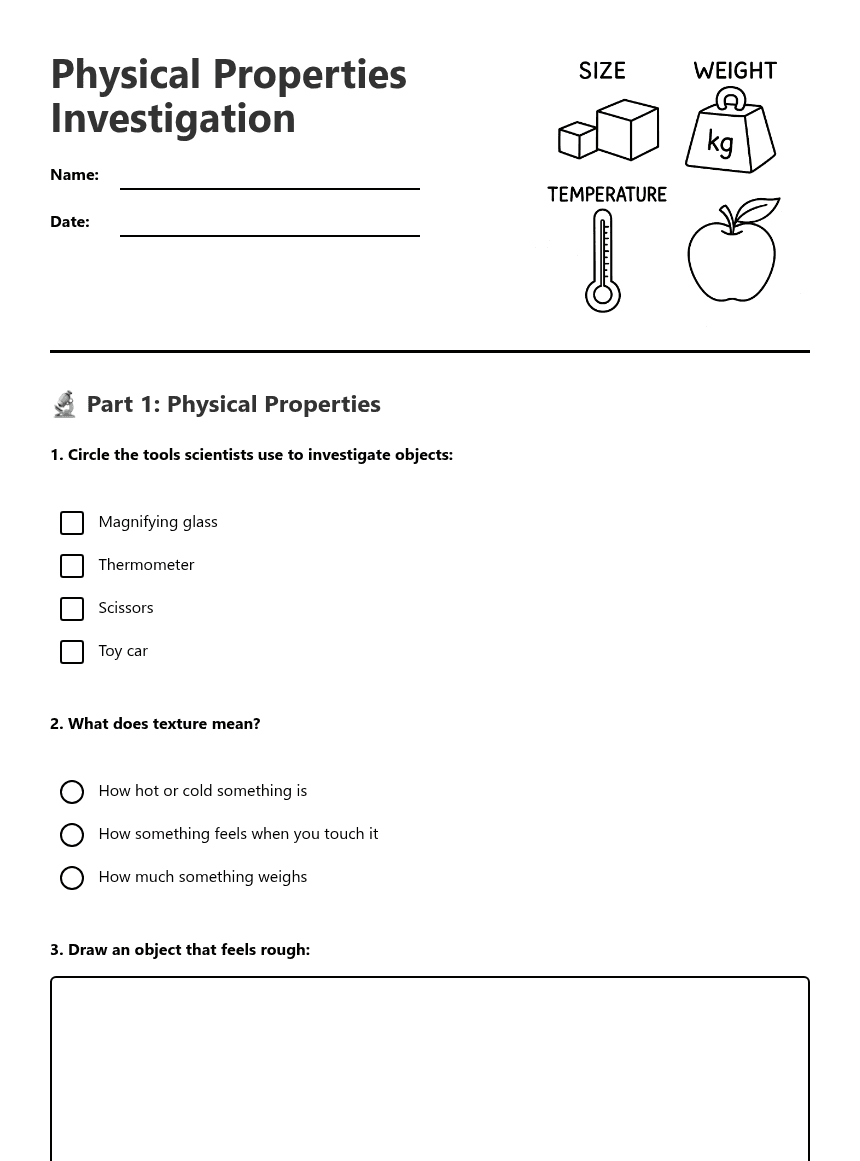 Physical Properties Investigation worksheet preview
