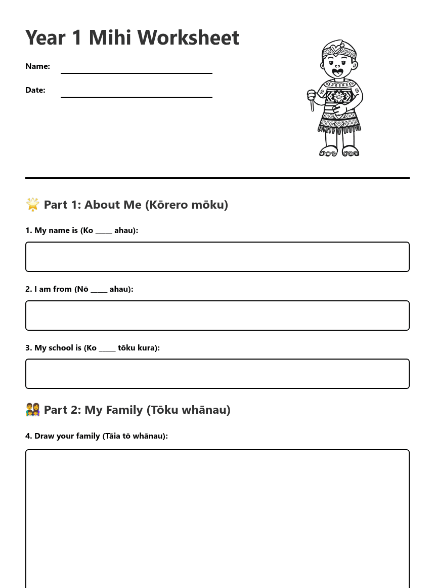 Year 1 Mihi Worksheet worksheet preview