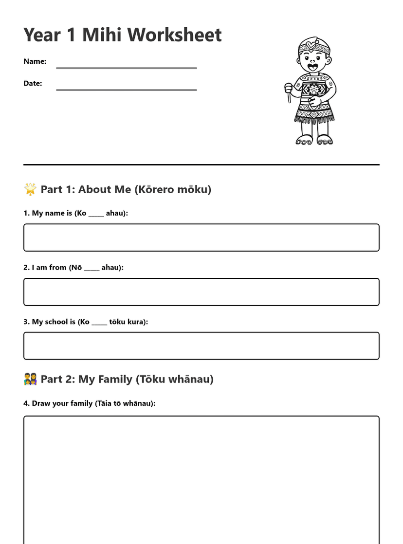 Year 1 Mihi Worksheet