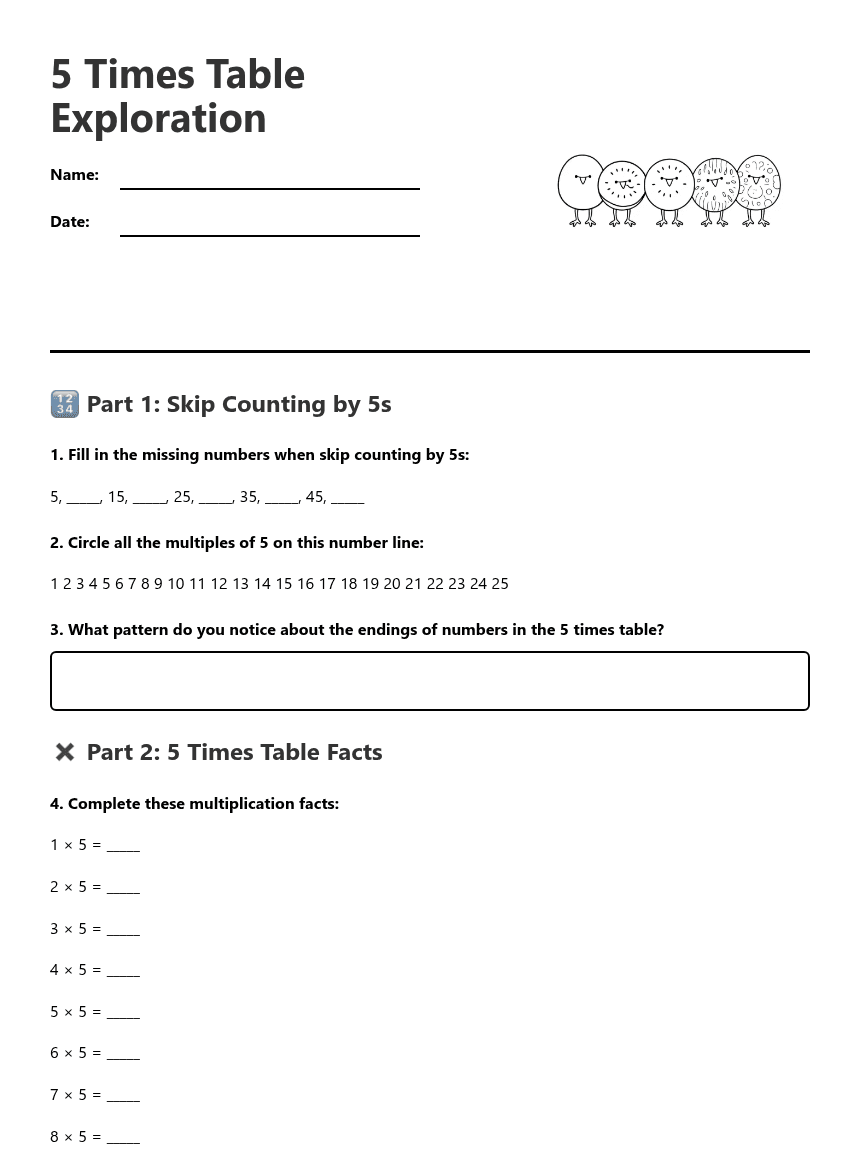 5 Times Table Exploration worksheet preview