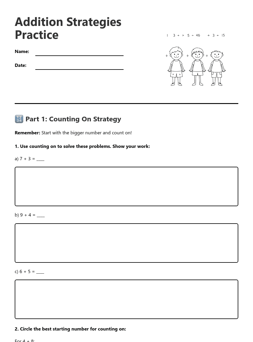 Addition Strategies Practice worksheet preview