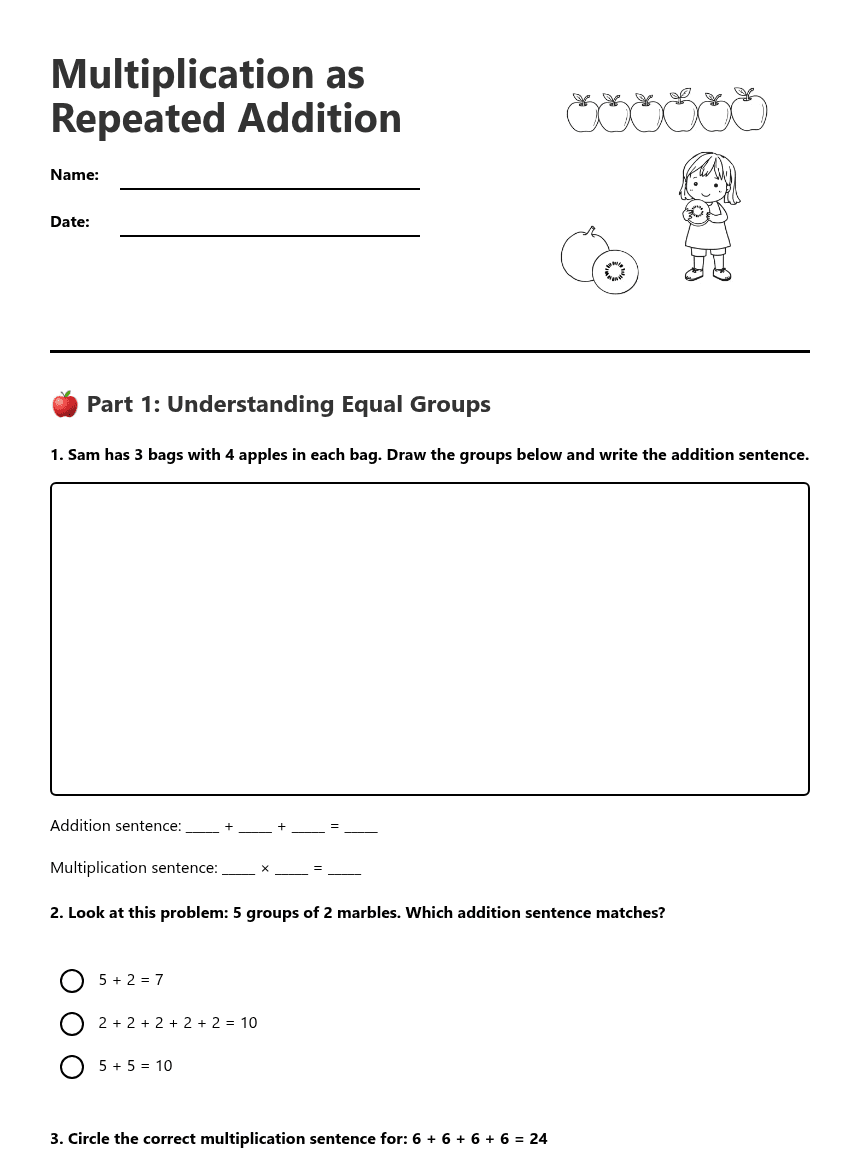 Multiplication as Repeated Addition worksheet preview