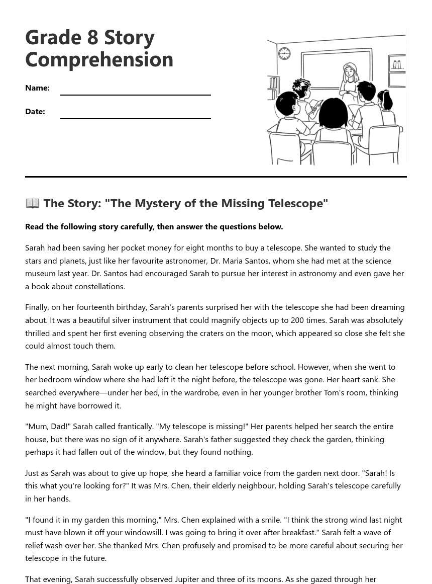 Grade 8 Story Comprehension worksheet preview