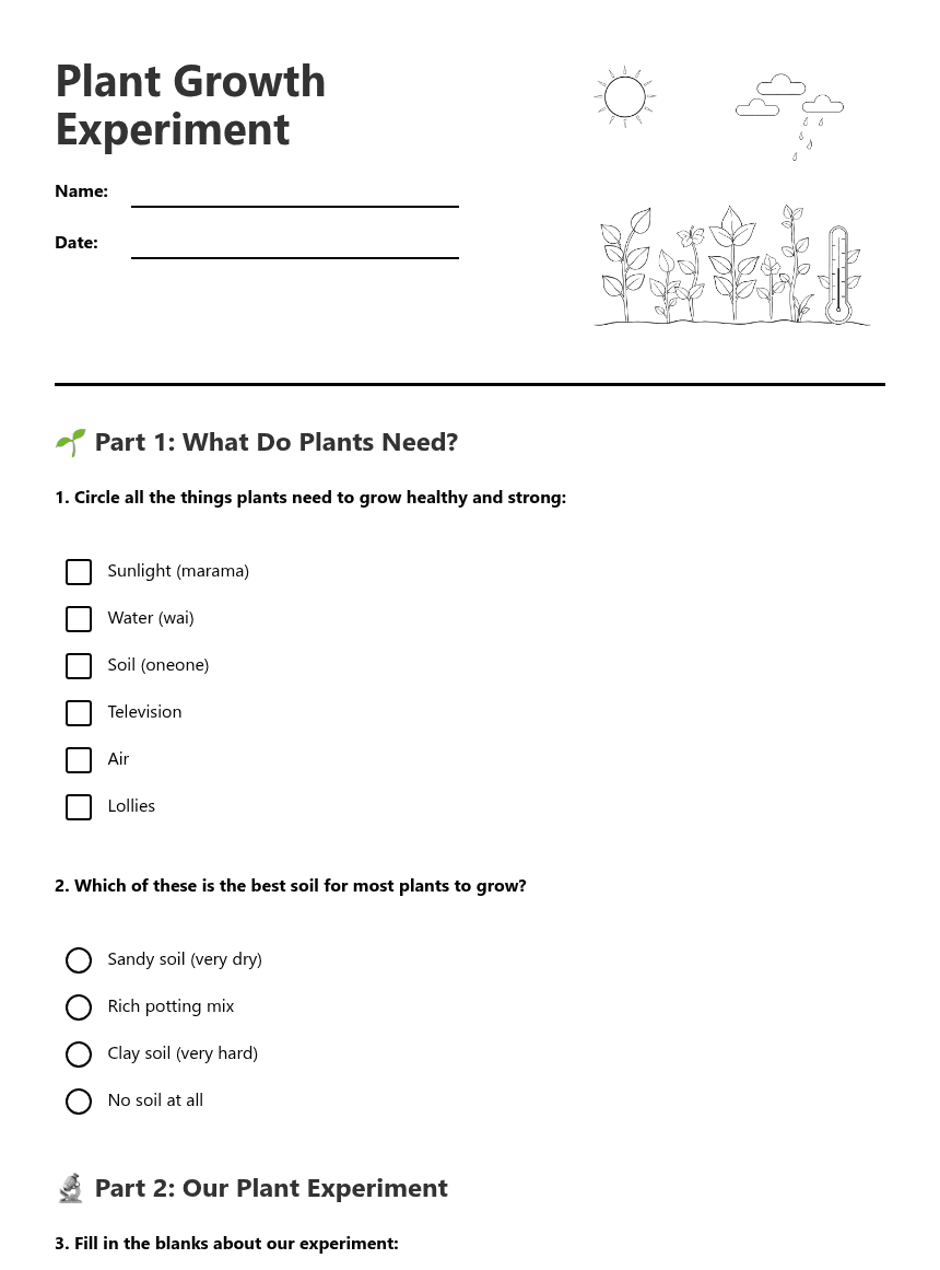 Plant Growth Experiment worksheet preview
