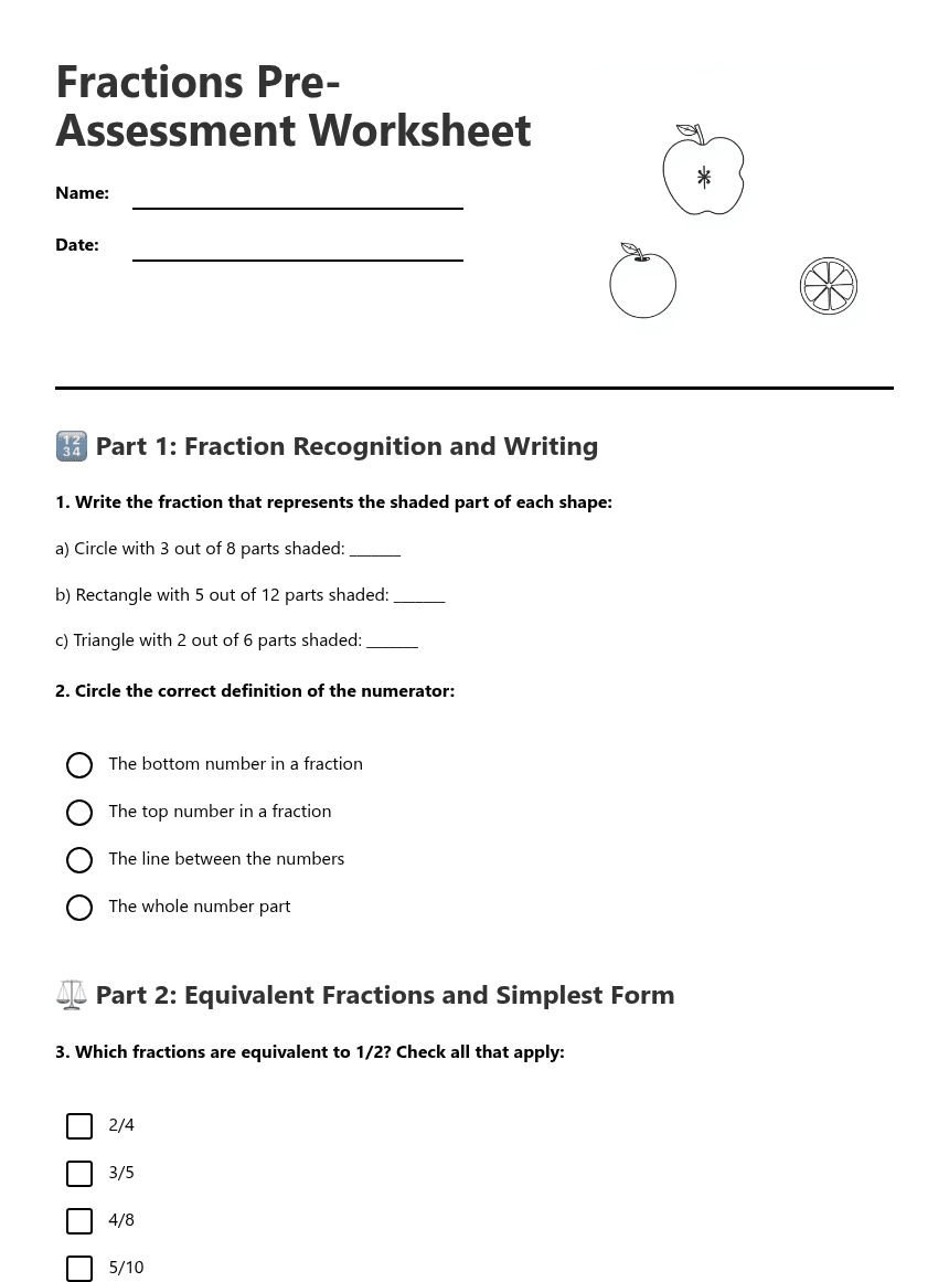 Fractions Pre-Assessment Worksheet worksheet preview