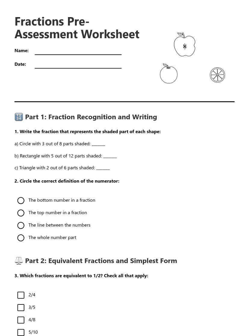 Fractions Pre-Assessment Worksheet
