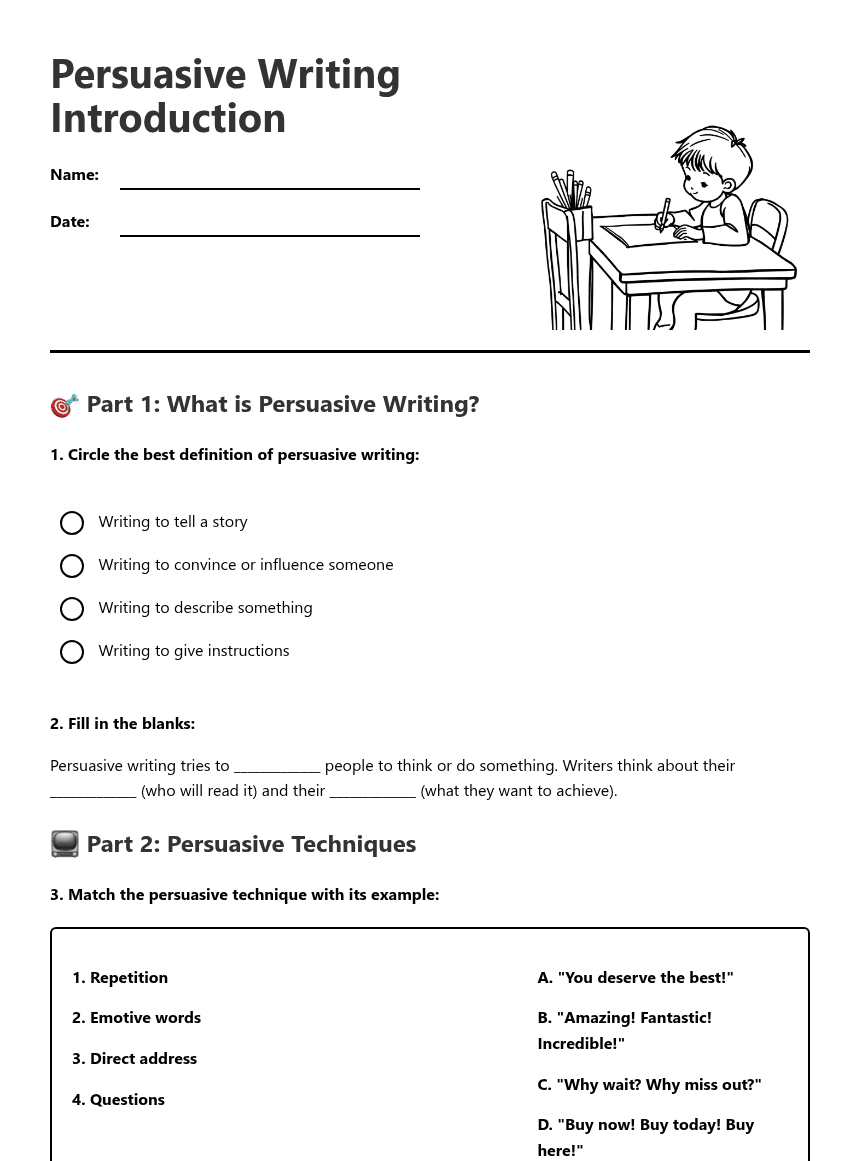 Persuasive Writing Introduction worksheet preview