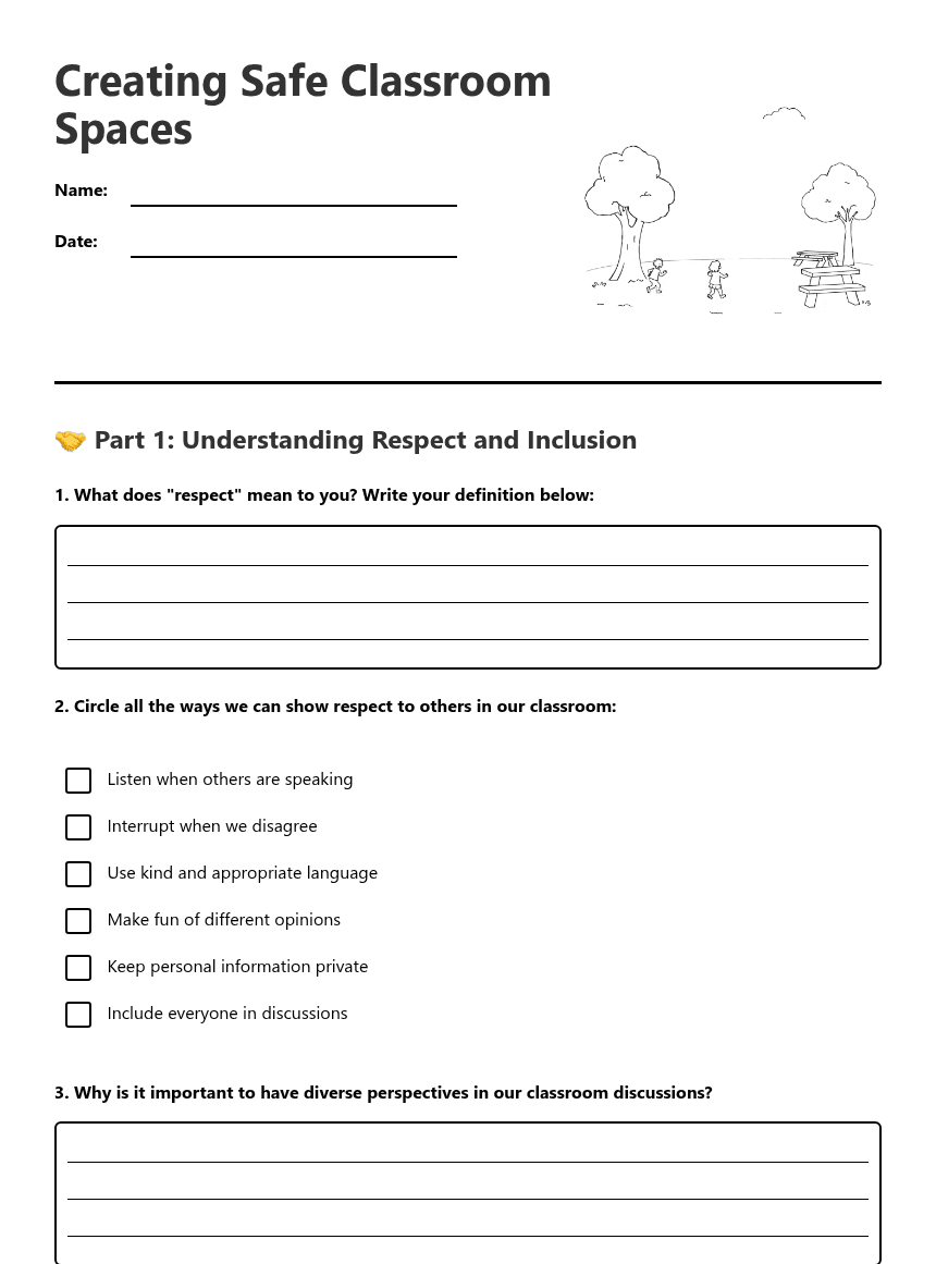 Creating Safe Classroom Spaces worksheet preview