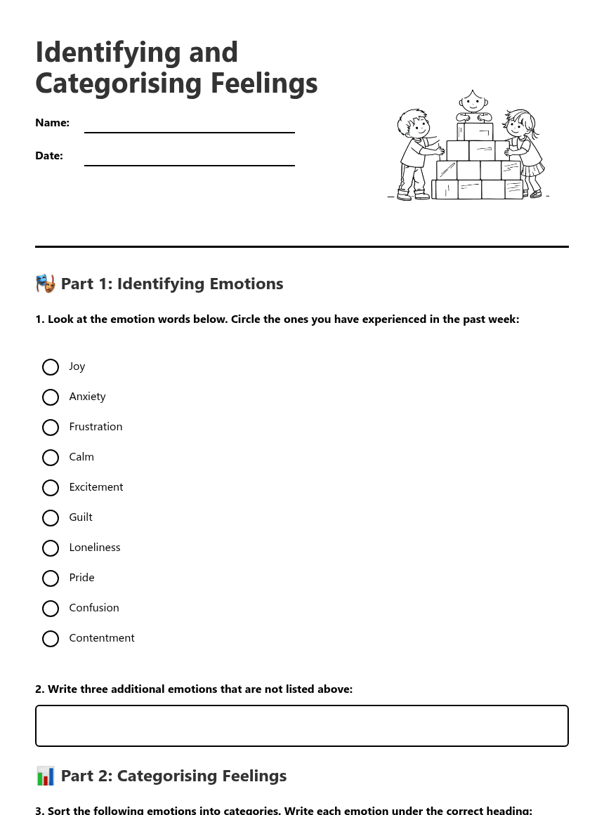 Identifying and Categorising Feelings worksheet preview