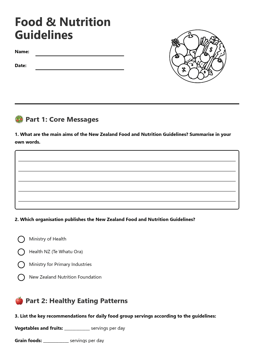Food & Nutrition Guidelines worksheet preview