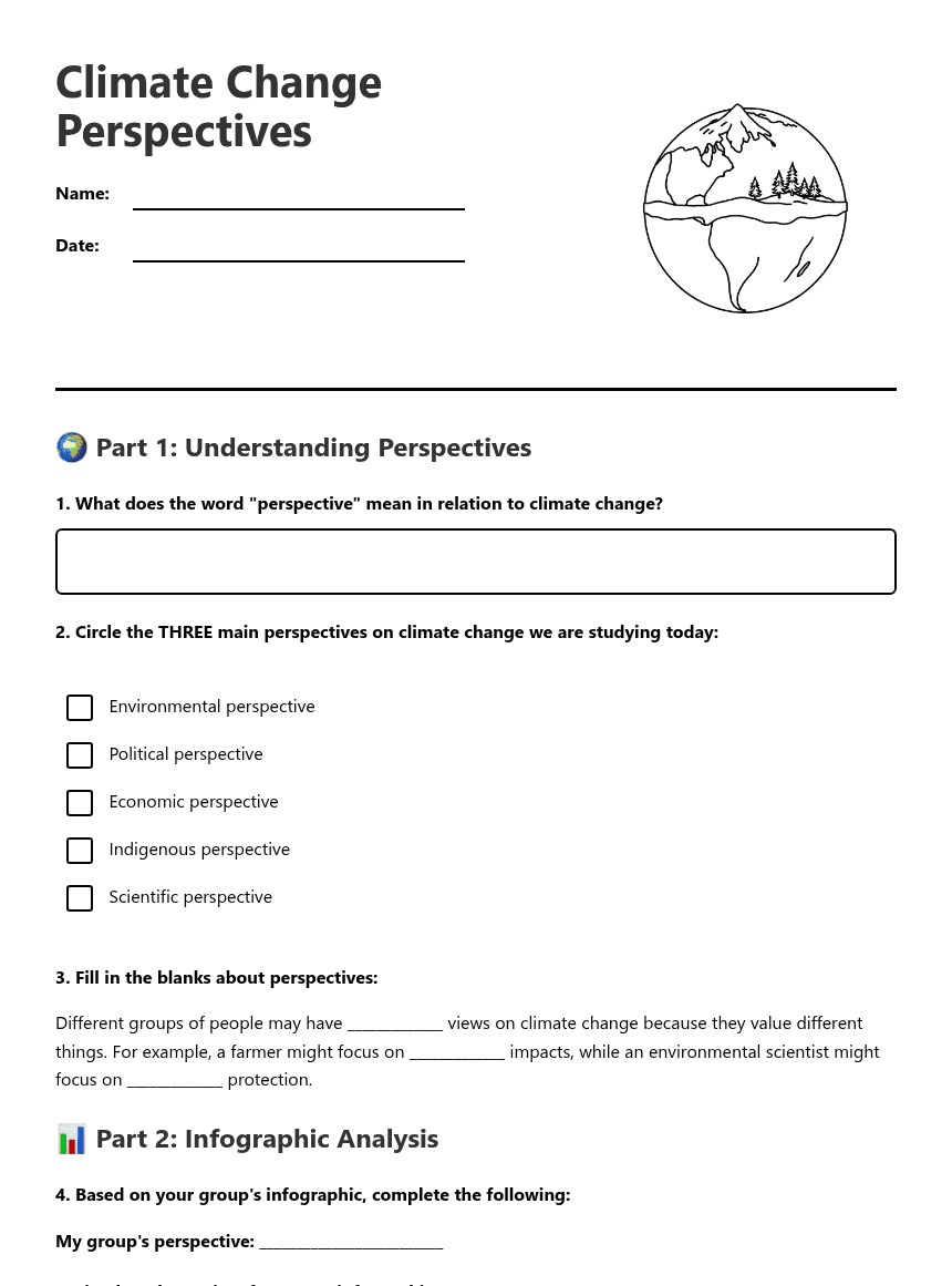 Climate Change Perspectives worksheet preview