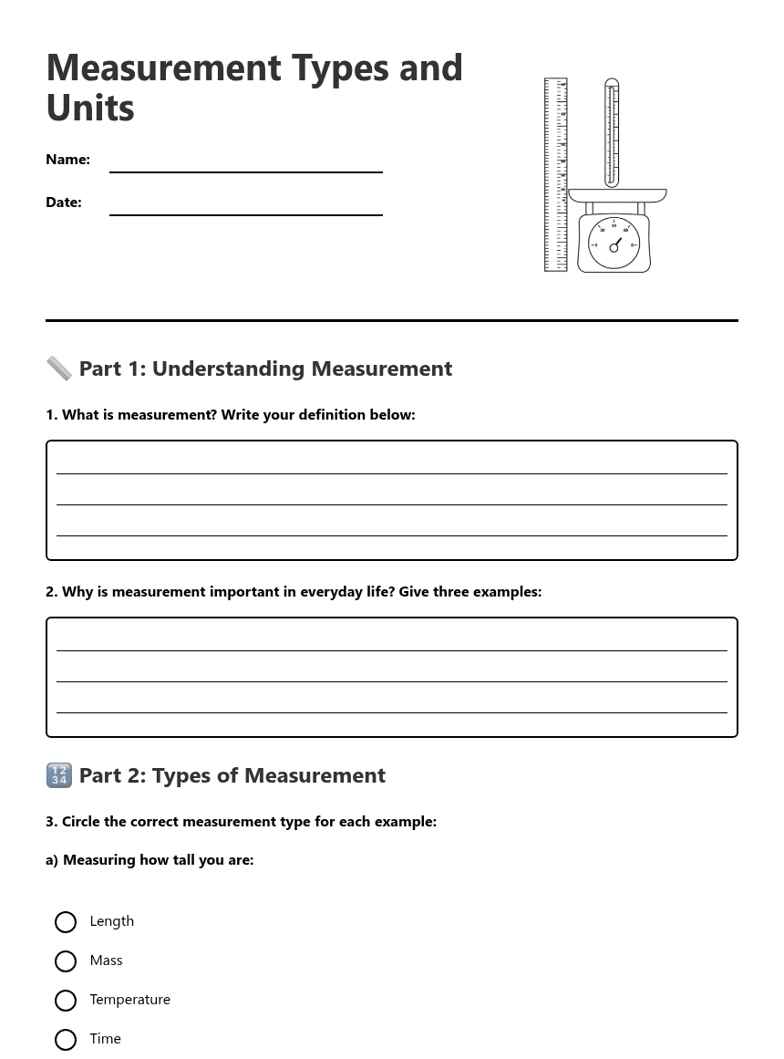 Measurement Types and Units worksheet preview