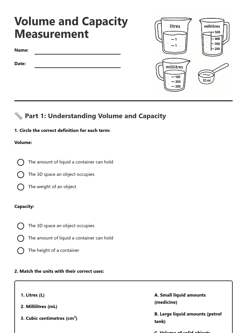 Volume and Capacity Measurement worksheet preview