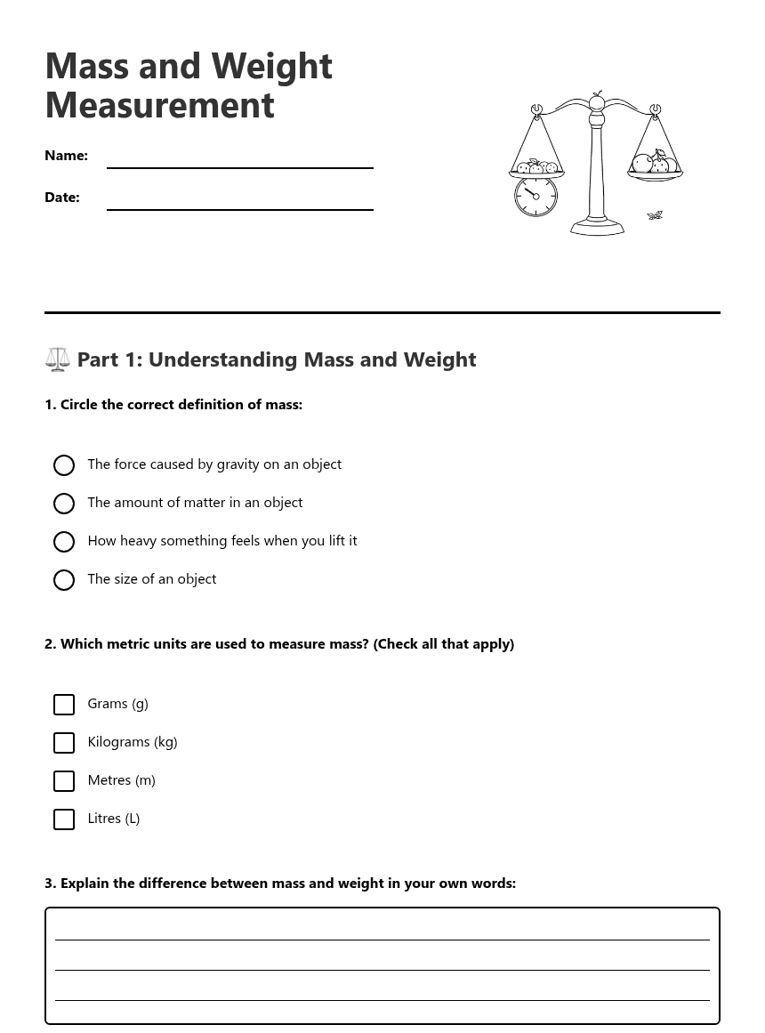 Mass and Weight Measurement worksheet preview