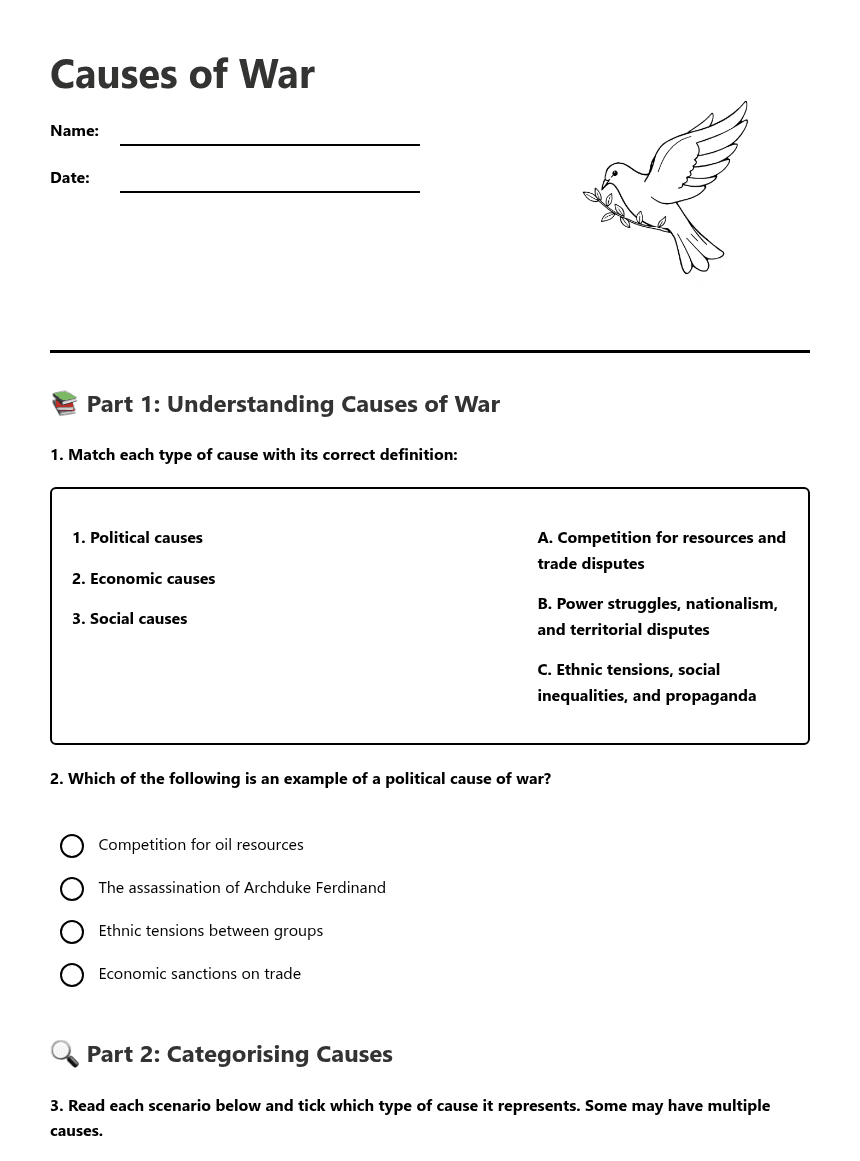 Causes of War worksheet preview