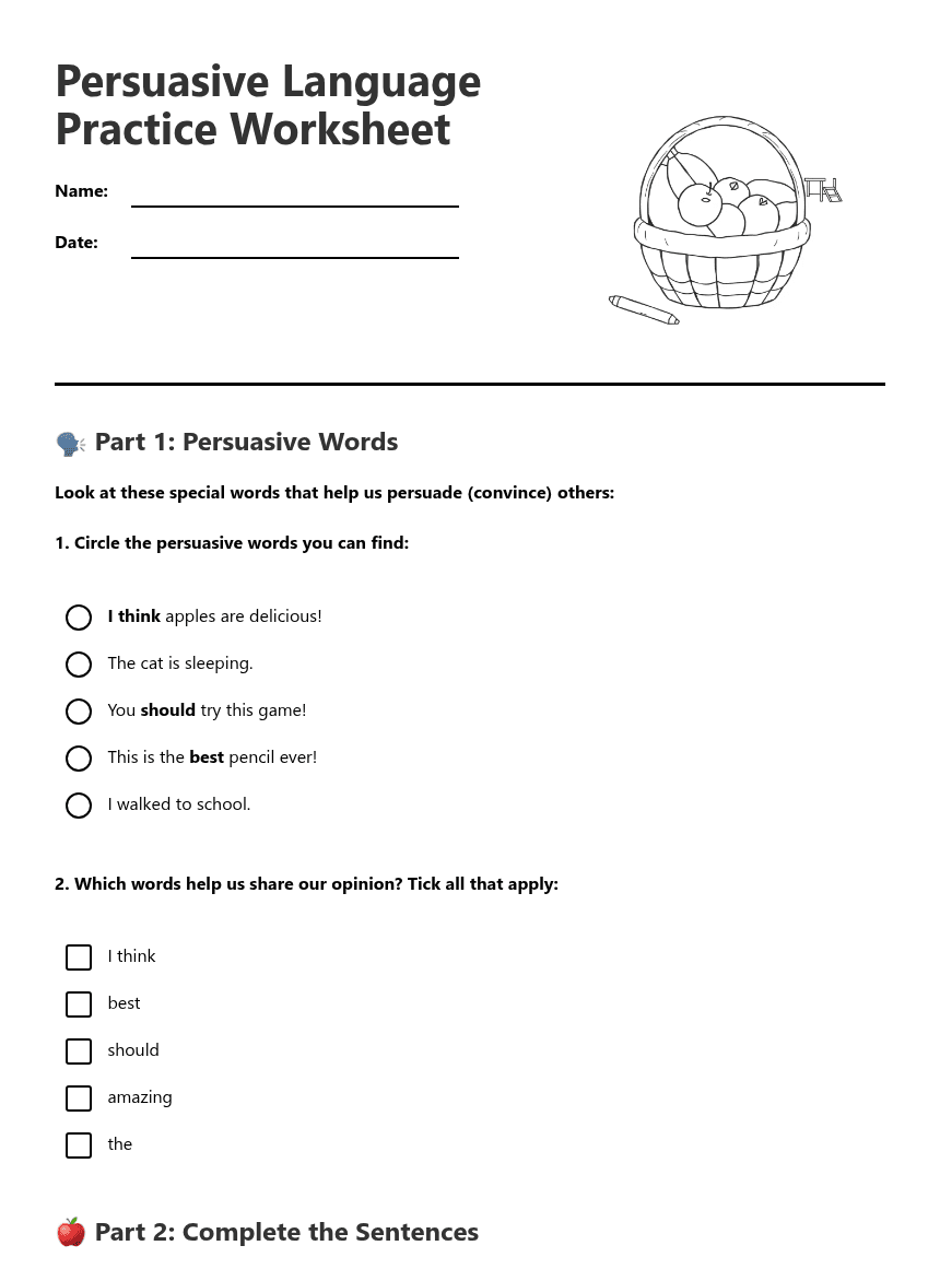 Persuasive Language Practice Worksheet worksheet preview