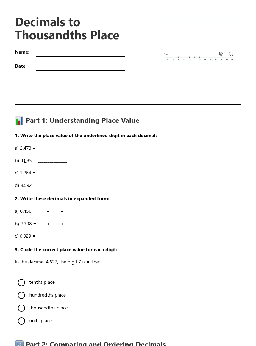 Decimals to Thousandths Place worksheet preview