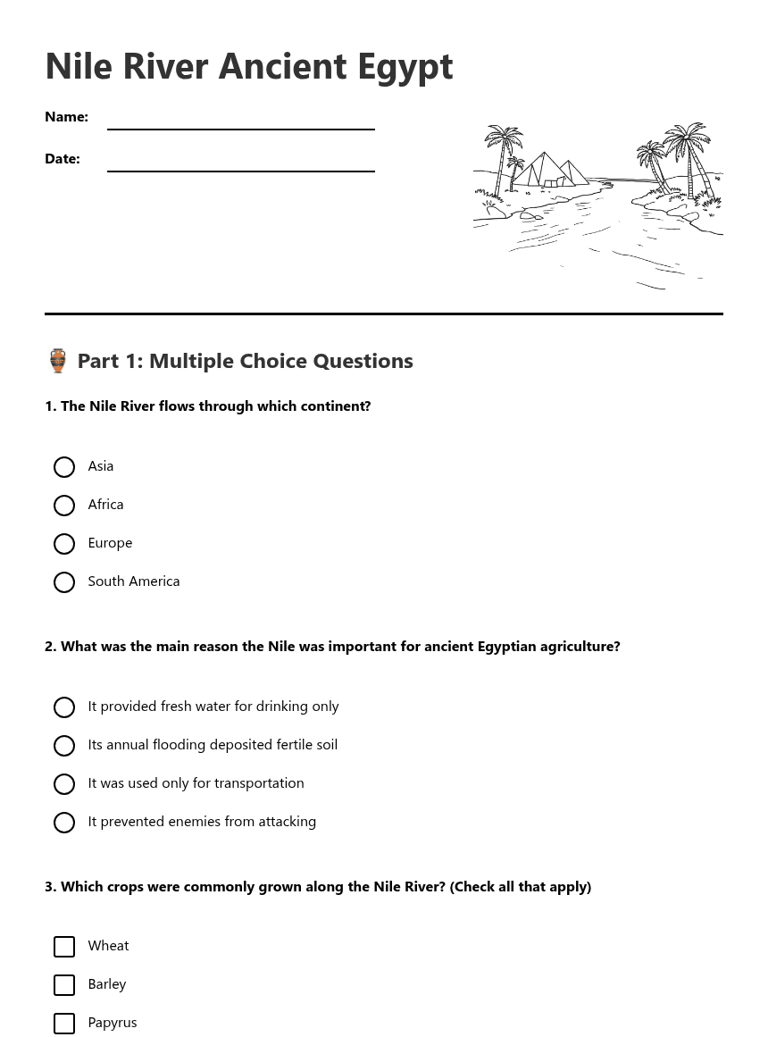Nile River Ancient Egypt worksheet preview