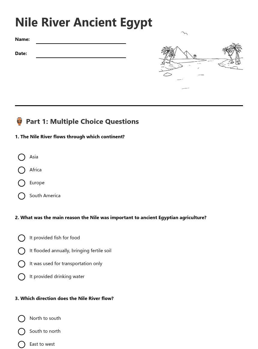 Nile River Ancient Egypt worksheet preview