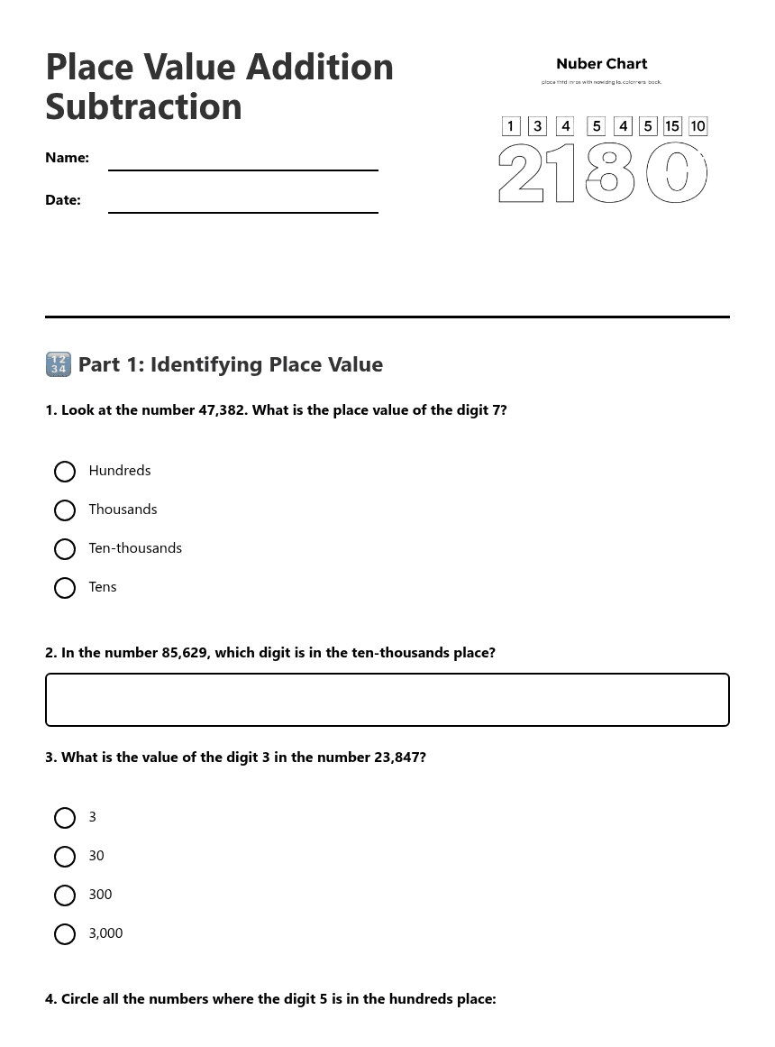 Place Value Addition Subtraction worksheet preview