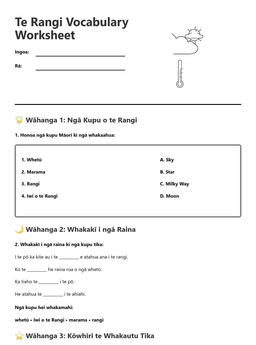 Te Rangi Vocabulary Worksheet worksheet preview