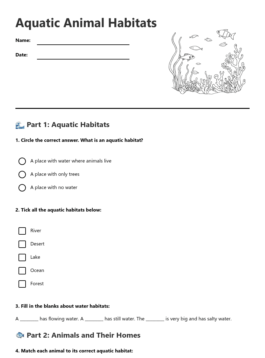 Aquatic Animal Habitats worksheet preview