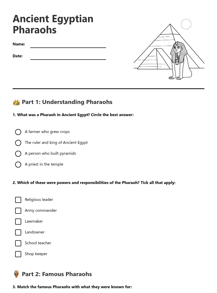 Ancient Egyptian Pharaohs worksheet preview