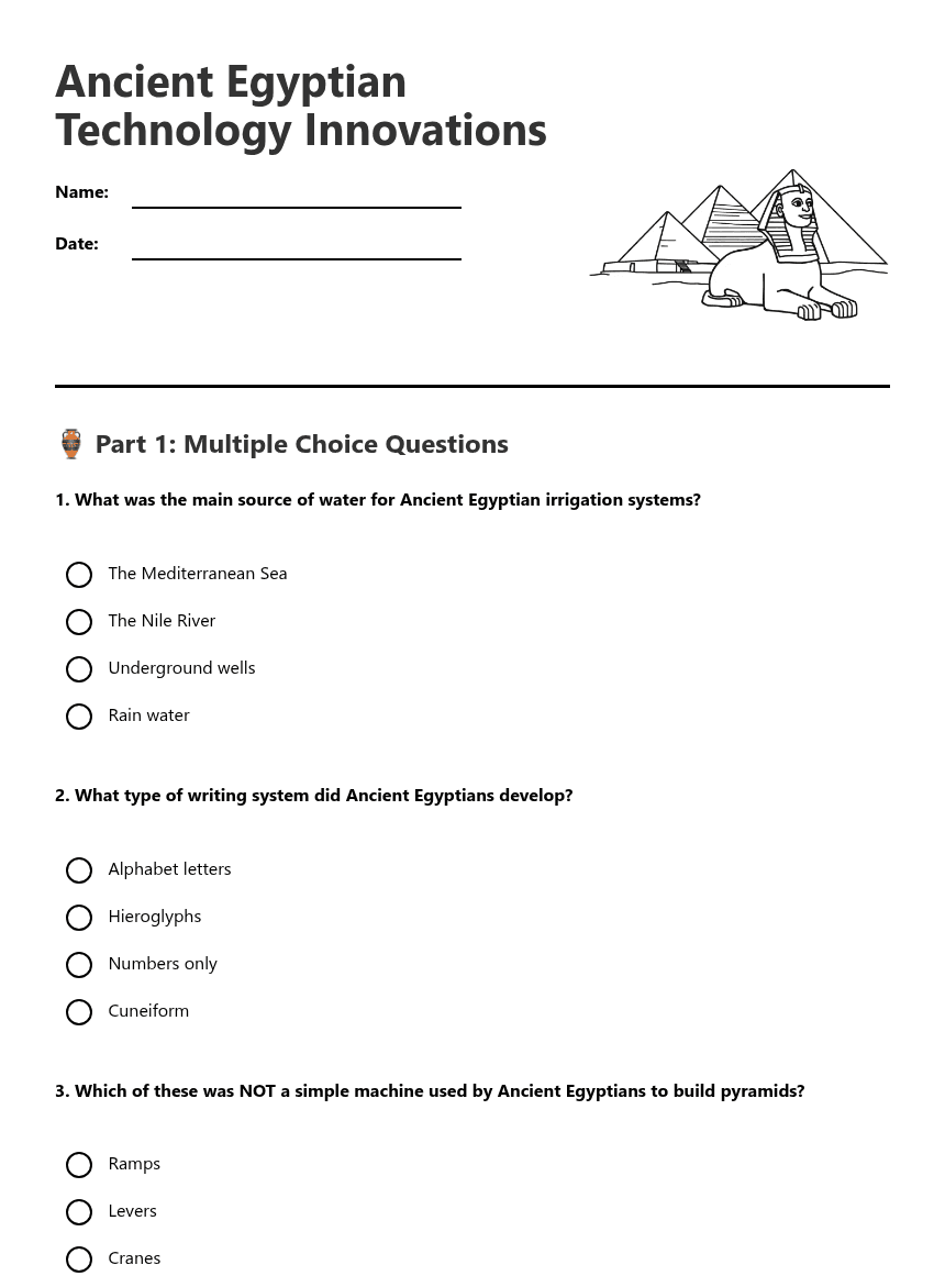 Ancient Egyptian Technology Innovations worksheet preview