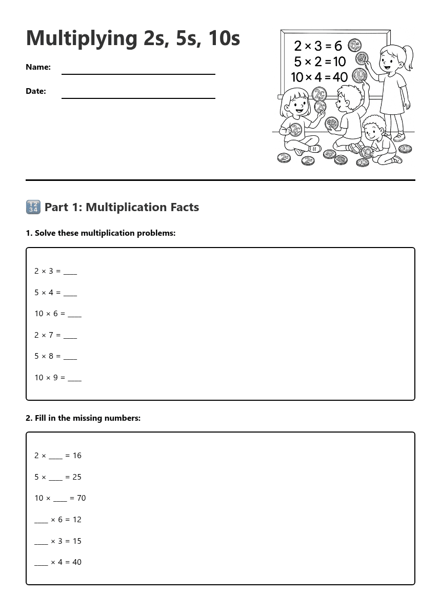 Multiplying 2s, 5s, 10s worksheet preview