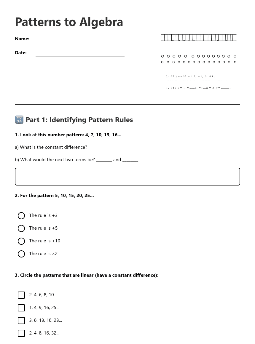 Patterns to Algebra worksheet preview