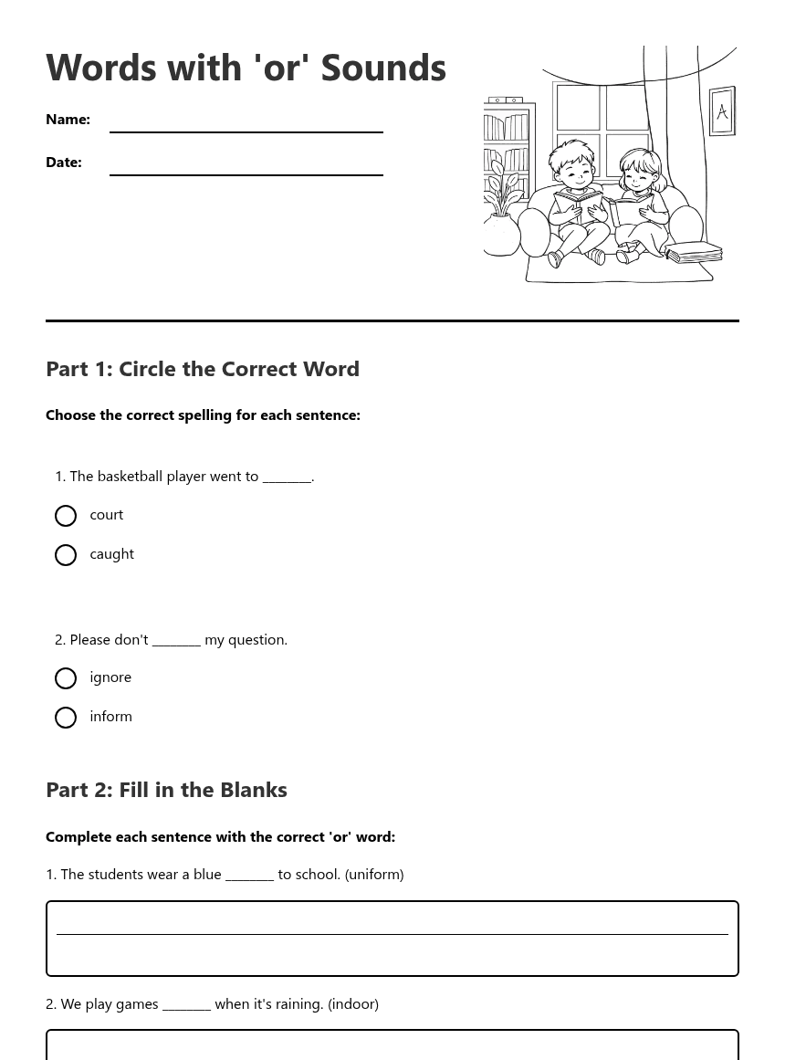 Words with 'or' Sounds worksheet preview