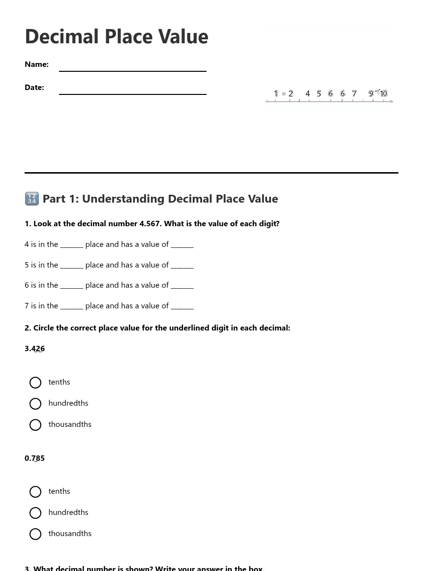 Decimal Place Value worksheet preview