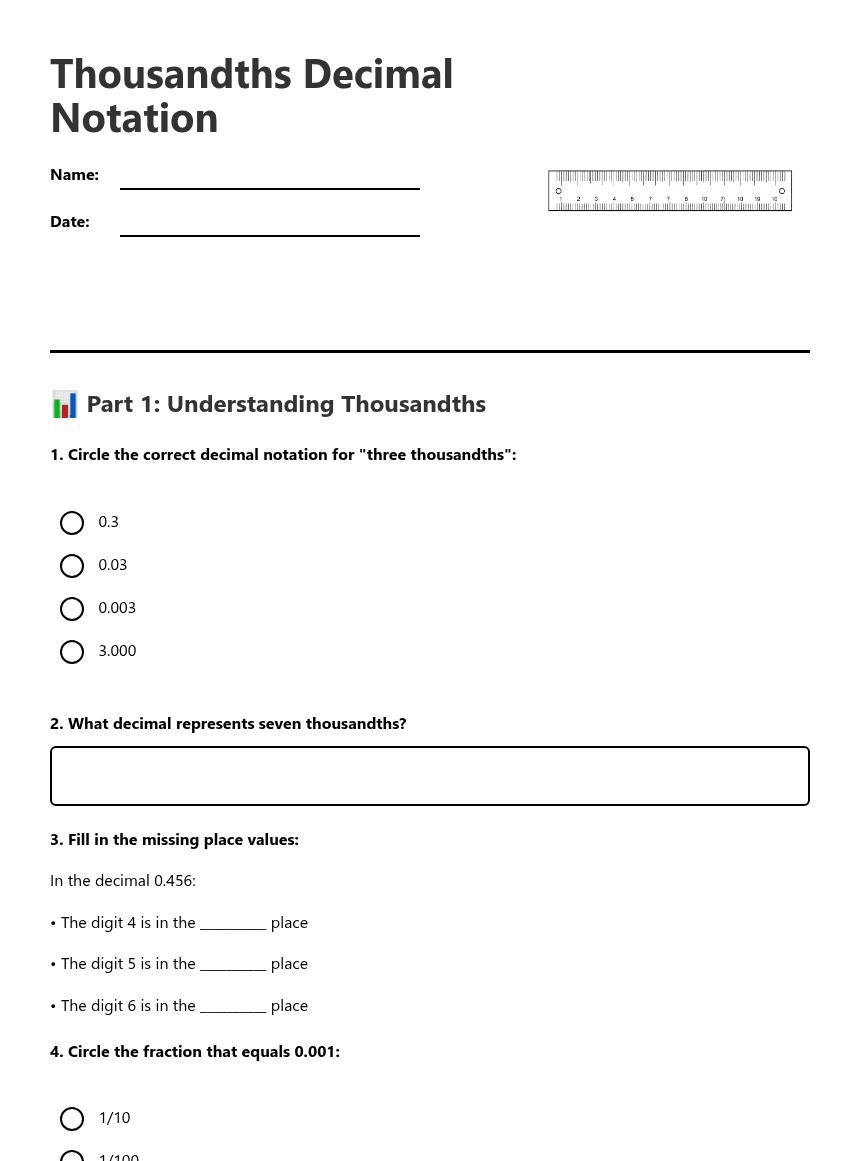 Thousandths Decimal Notation worksheet preview
