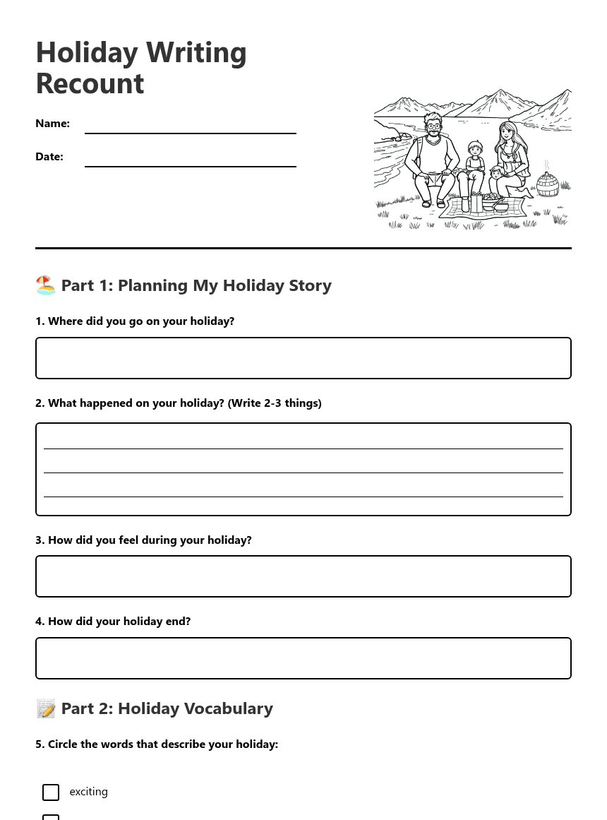 Holiday Writing Recount worksheet preview
