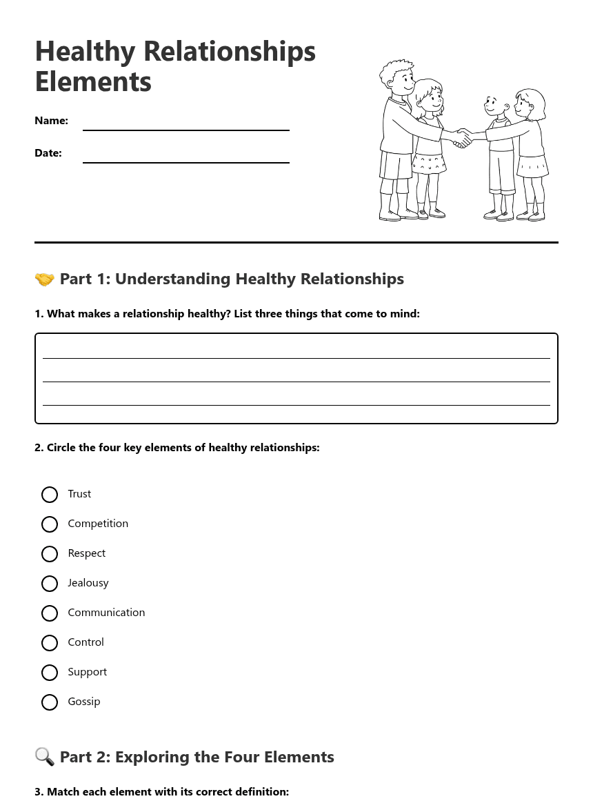 Healthy Relationships Elements worksheet preview