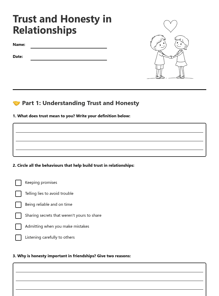 Trust and Honesty Relationships worksheet preview
