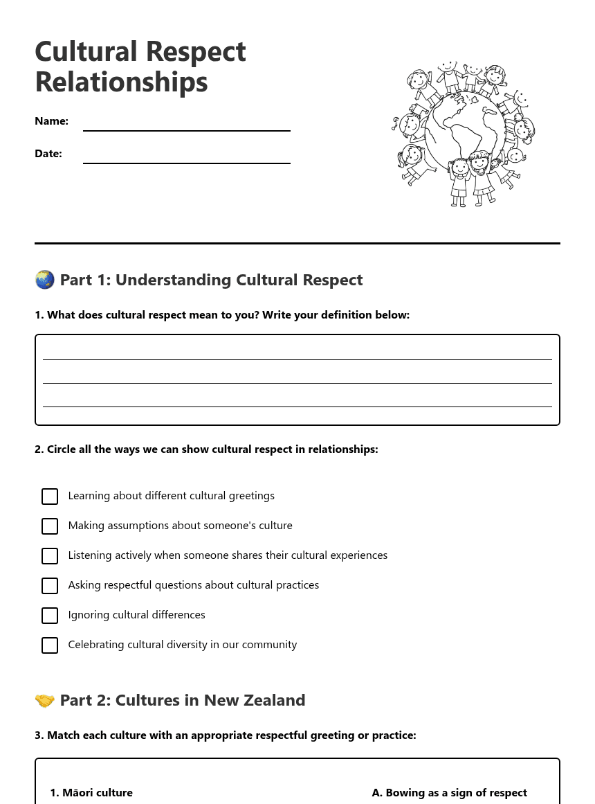 Cultural Respect Relationships worksheet preview