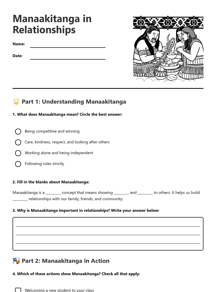 Manaakitanga in Relationships worksheet preview