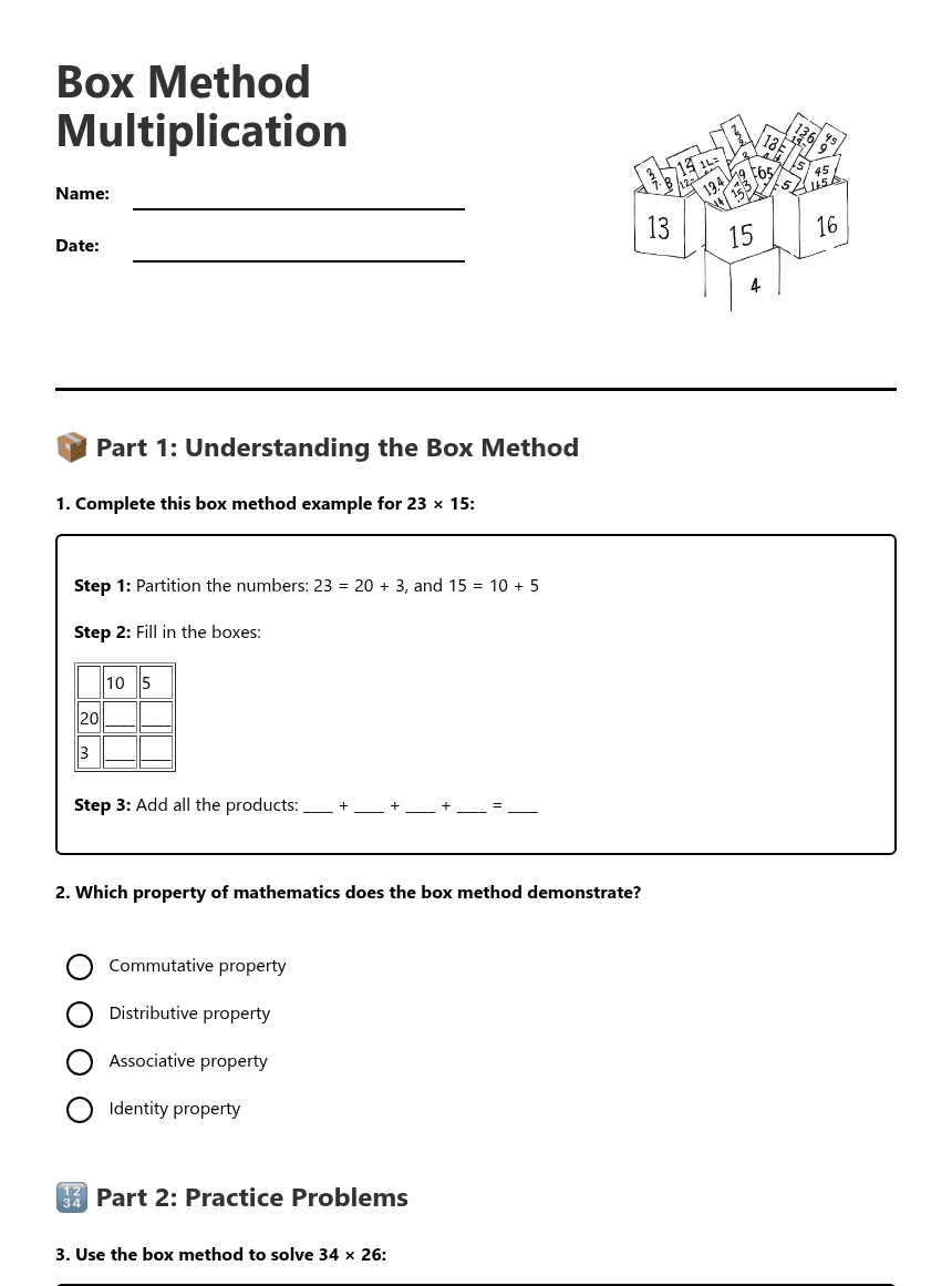 Box Method Multiplication worksheet preview