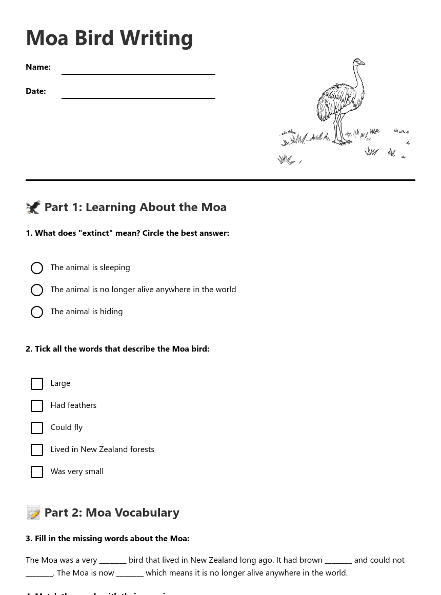 Moa Bird Writing worksheet preview