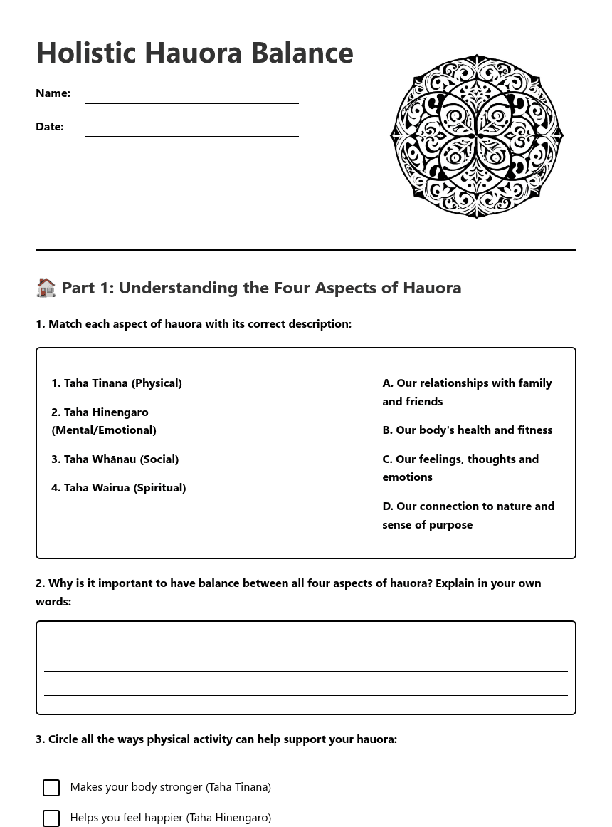 Holistic Hauora Balance worksheet preview