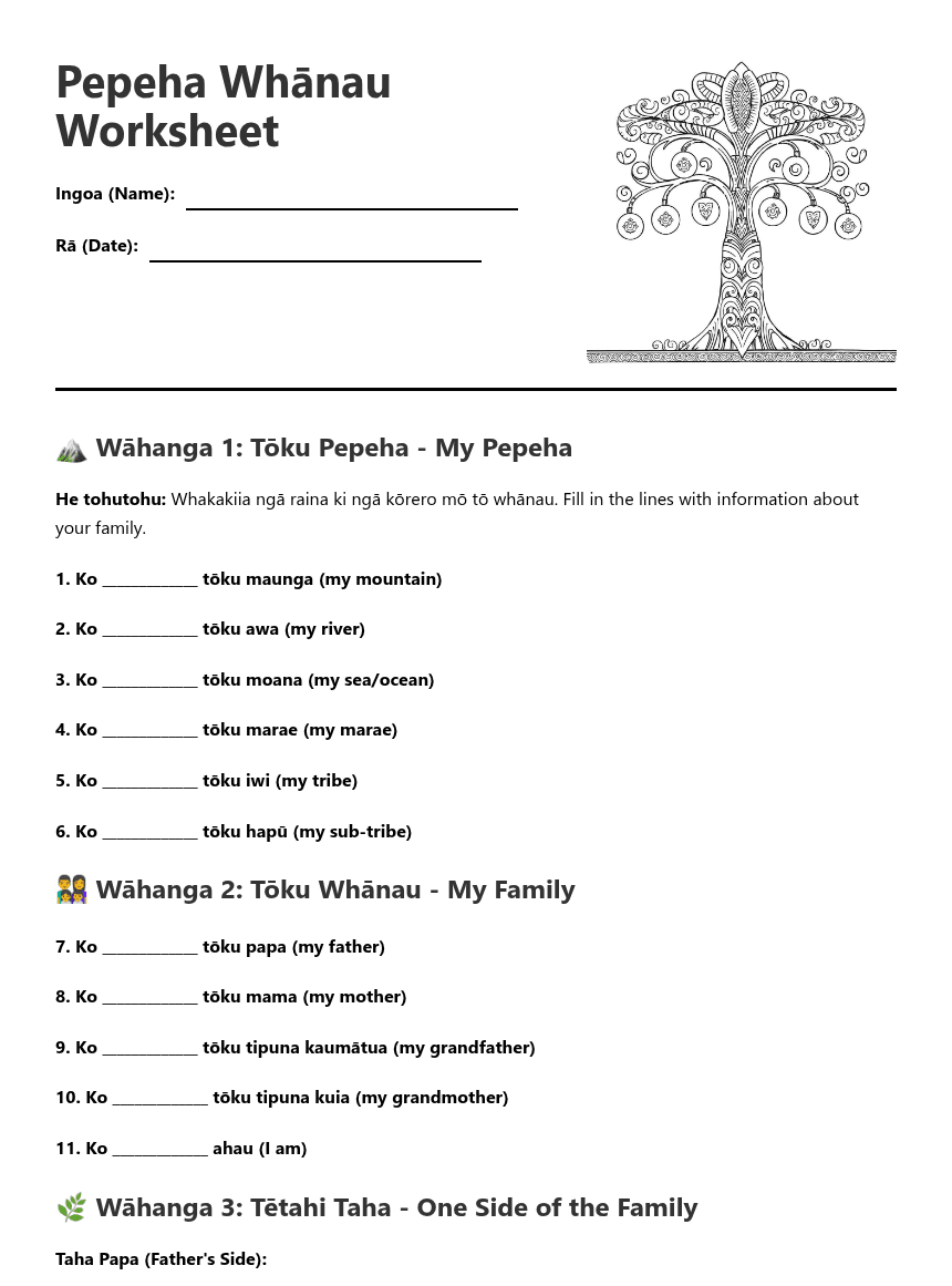 Pepeha Whānau Worksheet worksheet preview