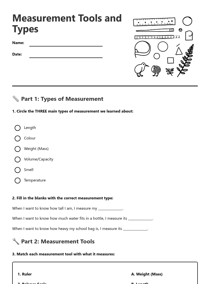 Measurement Tools and Types worksheet preview