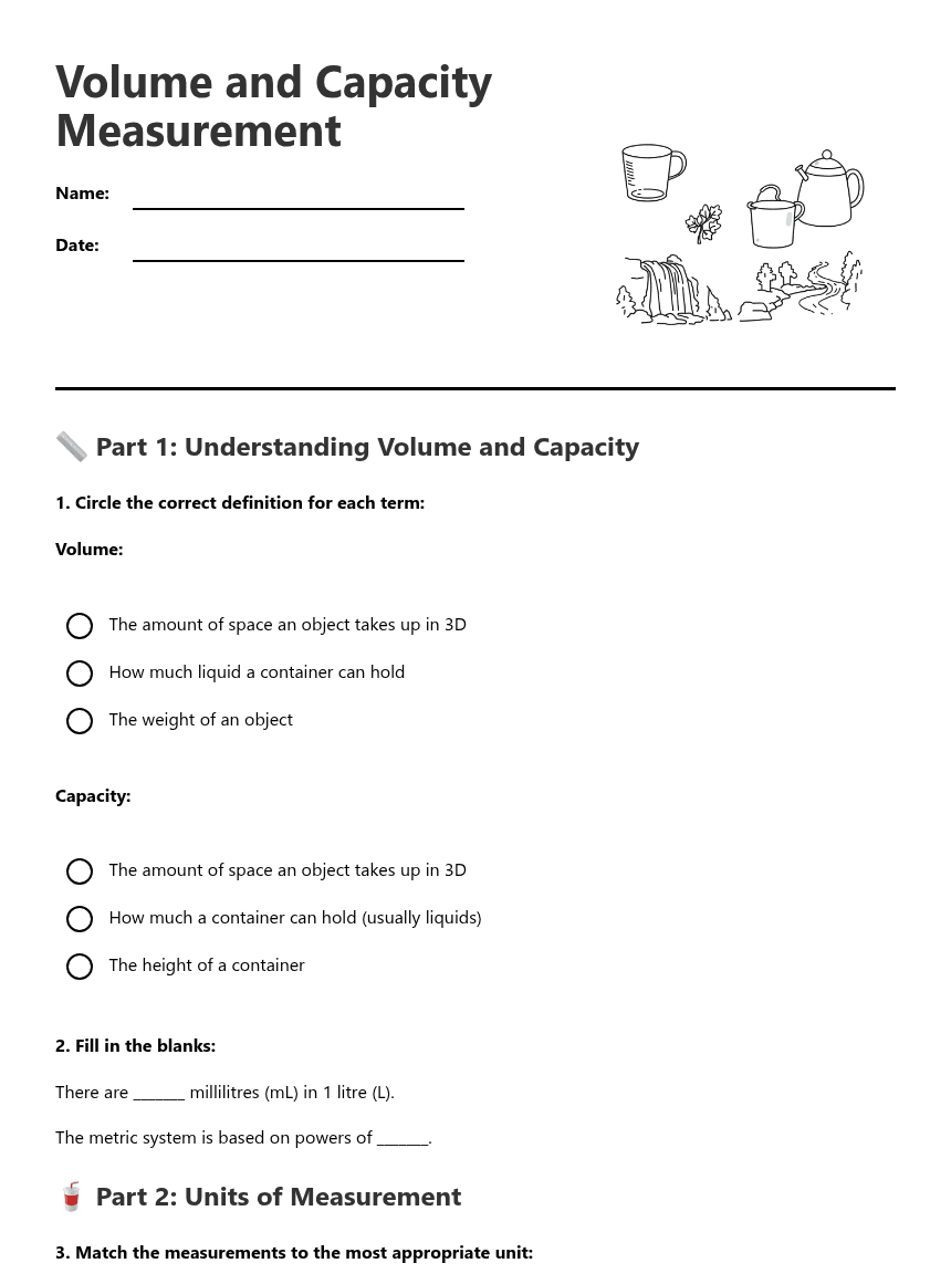 Volume and Capacity Measurement worksheet preview