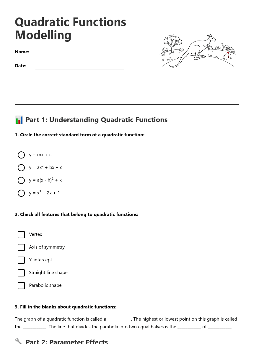Quadratic Functions Modelling worksheet preview