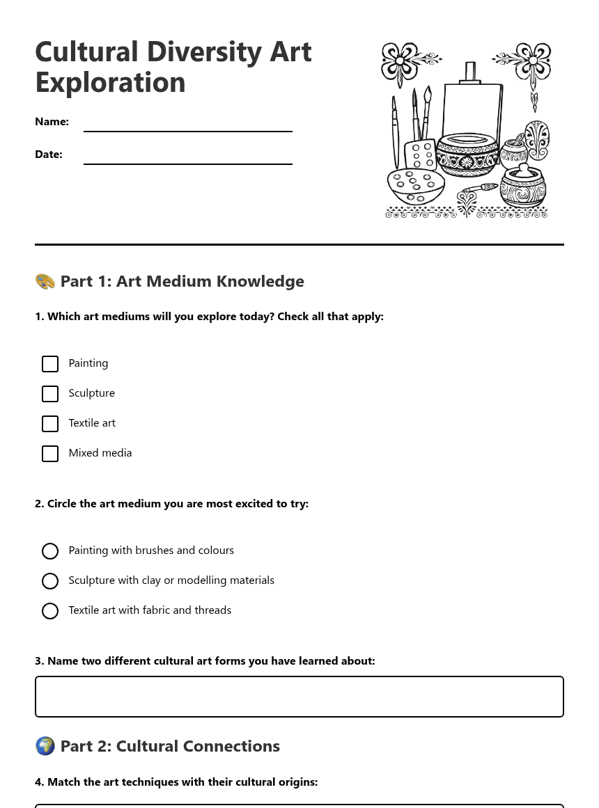 Cultural Diversity Art Exploration worksheet preview