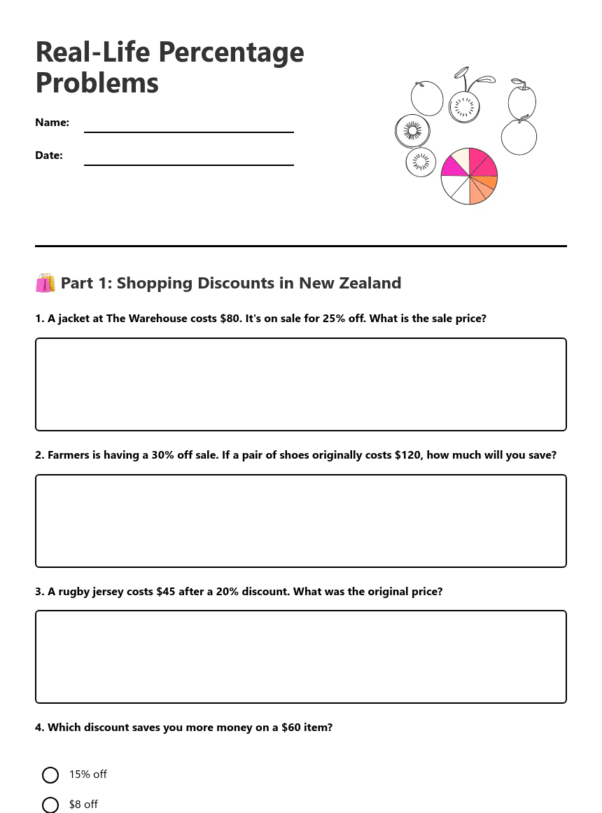 Real-Life Percentage Problems worksheet preview